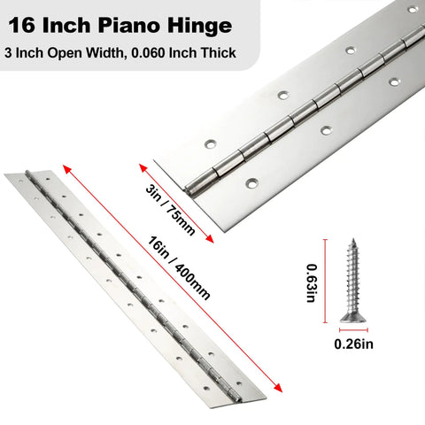 16 Inch Piano Hinge with 3 inch width and 0.060 inch thickness for heavy duty cabinet doors, Two Pack Pro Grade 304 Stainless Steel Piano Hinges 16 Inches Long By Three Inches Wide Heavy Duty Build For Cabinet Doors And Toolboxes Crafted For Serious Load Bearing Tasks With Zero Flex Guarantee.