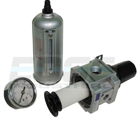 Inline Heavy Duty Air Filter Regulator Combo With Piggyback Metal Bowl And Visible Sight Glass Five Micron Element Auto Drain Three Quarter Inch NPT Inlet 140 CFM 175 PSI Includes Wall Mount Bracket And Gauge