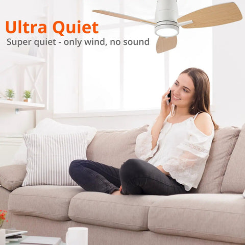 42 Inch Ceiling Fan With Lights And Remote Control, Quiet DC Motor, Double Faced Blades White On One Side Wood Grain On The Other