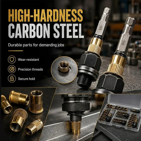 Pro Grade Rivet Nut Tool Set With Mandrels And Flat Head Nuts M3 To M12, 60 Piece Kit, Heavy Duty Rivet Nut Pliers For Drill, DIY Garage Must Have For Sheet Metal, Automotive, Furniture And Pipes. High-hardness carbon steel mandrels M5 and M6 with rivet nuts