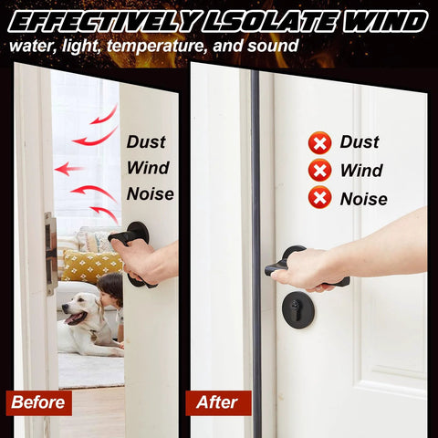 Black adhesive silicone door weather-stripping gasket; left shows drafty door before, right shows sealed door after installation.