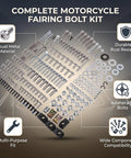 Dirt Bike Fairing Screws Kit With Bolts Nuts Washers And Spacers For Full Body Panels 246 Piece Hardware Set Includes M5 And M6 Screws Hex Wrenches Mounting Clamps And All Necessary Fasteners For Quick Easy Motorcycle Assembly. complete motorcycle fairing bolt kit with metal screws, washers, nuts and spacers