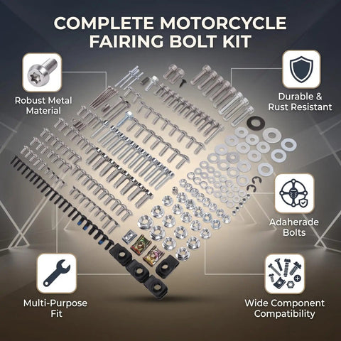 Dirt Bike Fairing Screws Kit With Bolts Nuts Washers And Spacers For Full Body Panels 246 Piece Hardware Set Includes M5 And M6 Screws Hex Wrenches Mounting Clamps And All Necessary Fasteners For Quick Easy Motorcycle Assembly. complete motorcycle fairing bolt kit with metal screws, washers, nuts and spacers