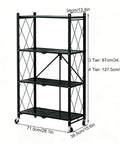 Heavy Duty Four Tier White Collapsible Metal Wire Shelving Rack That Folds Flat And Serves As A Total Game Changer For Organizing Kitchen Pantry Garage Or Living Room Spaces, measuring 127.5cm height.