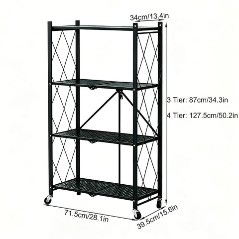 Heavy Duty Four Tier White Collapsible Metal Wire Shelving Rack That Folds Flat And Serves As A Total Game Changer For Organizing Kitchen Pantry Garage Or Living Room Spaces, measuring 127.5cm height.