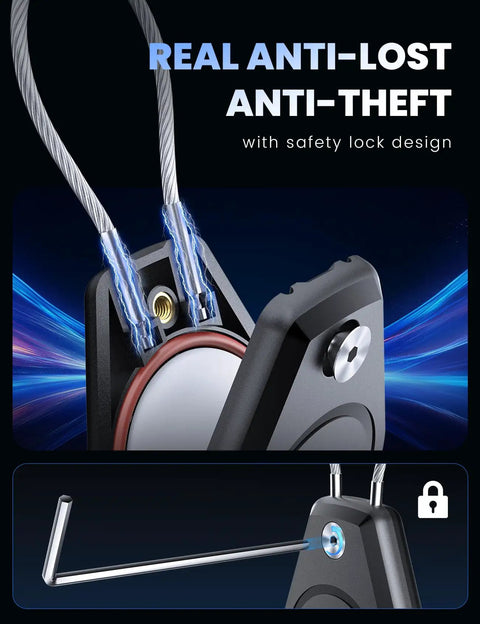 Close-up of 4 Pack Waterproof AirTag Holder Anti Theft Case With Braided Steel Cable And Screw Lock, showcasing safety features.