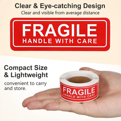 Red Fragile Stickers, 150-Count Self-Adhesive Paper Labels For Packing And Shipping displayed in hand
