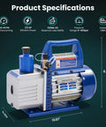 4 CFM Single Stage Vacuum Pump 110V with blue handle, labeled specifications, part of the HVAC service kit for refrigerant recharge