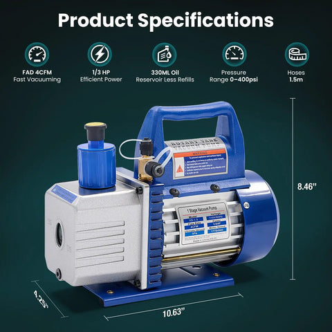 4 CFM Single Stage Vacuum Pump 110V with blue handle, labeled specifications, part of the HVAC service kit for refrigerant recharge