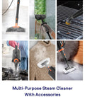 Slick 20 In 1 Steam Mop Cleaner With Detachable Handheld Steamer And Rapid Heat Up Tech Heavy Duty Grime Slayer Multi Surface Cleaning Rig For Tiles Carpet And Grout Grey in action cleaning various surfaces like glass, fabric, and kitchens.