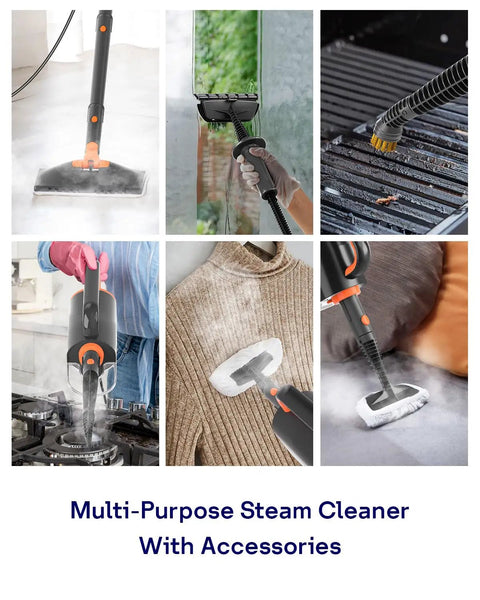 Slick 20 In 1 Steam Mop Cleaner With Detachable Handheld Steamer And Rapid Heat Up Tech Heavy Duty Grime Slayer Multi Surface Cleaning Rig For Tiles Carpet And Grout Grey in action cleaning various surfaces like glass, fabric, and kitchens.