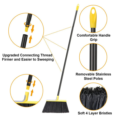 Four Pack Outdoor Broom with 58 Inch Adjustable Handle and 14.2 Inch Wide Bristles showing handle grip, thread, and bristles