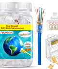 Jar of Cat6a Pass Through Ethernet Connectors 8P8C Gold Plated 23 AWG with wiring diagram and connector close-up
