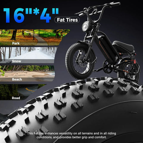 All Terrain Off Road Electric Bike For Adults With 2000W Peak Power 16 Inch Wheels 55 Plus Miles On A Charge Top Speed Up To 28 MPH Fat Tires 48V 12.5Ah Removable Battery With 30 Percent Faster Charging And Battery Swap Ready with fat tires and terrain versatility