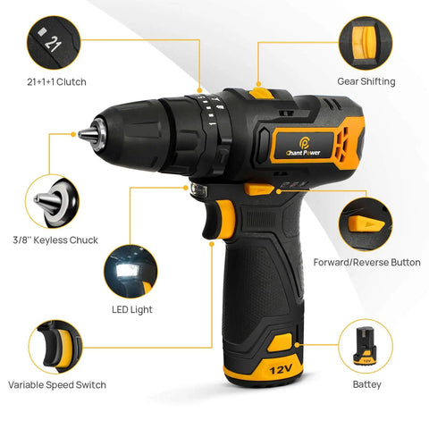 Beast Cordless Hammer Drill Kit 12V with dual speed control, 21+1+1 torque settings, highlighting key features and design details.
