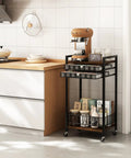 Rustic Brown Four Tier Coffee Cart With Smooth Locking Casters And Deep Pod Tray, 12.5x17x33.7 inches in cozy kitchen setting.