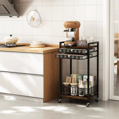 Rustic Brown Four Tier Coffee Cart With Smooth Locking Casters And Deep Pod Tray, 12.5x17x33.7 inches in cozy kitchen setting.