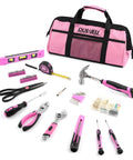 Pink Tool Kit 140 Piece Set For Women And Girls With 14 Inch Tool Bag DIY Home Repairs Portable Household Essentials Great For Dorms And Small Apartments shown with tools spread out, including hammer, pliers, and screwdriver in pink bag.