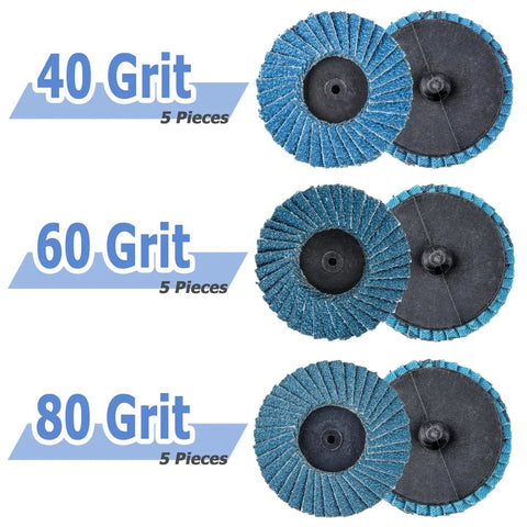 15 Piece Two Inch Roll Lock Flap Disc Kit For Die Grinders With 40 60 80 Grit Quick Change Abrasives, showing 15 discs
