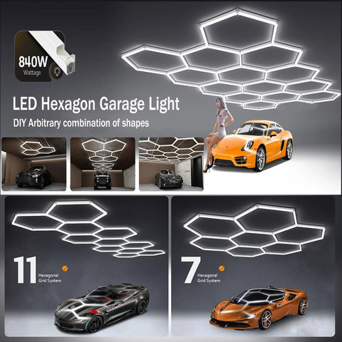 Hexagon LED Honeycomb Light Panel Kit With 14 Hex Grids Ultra Bright 24400 Lumens 6000K Daylight Ceiling Shop Light