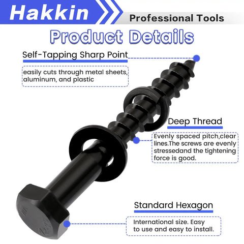 202-Piece Hex Lag Screws Kit With 304 Stainless Steel Black Oxide Bolts and Washers, self-tapping and deep thread details