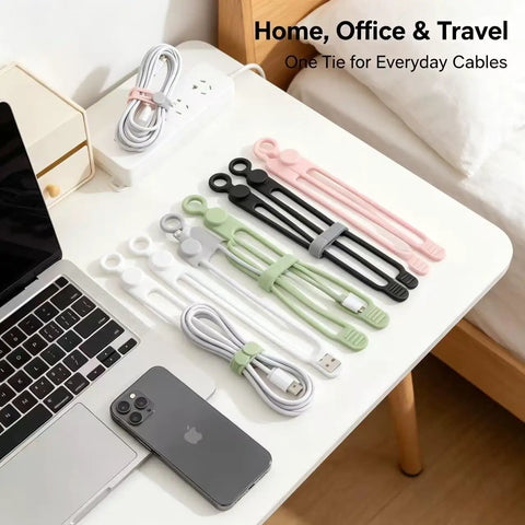 Heavy Duty Reusable Silicone Cable Ties Sort Your Wire Mess Like A Boss Handle Data Cables Zero Sweat Always Keep Your Workspace Crisp With This Flexible Tear Proof 20 Pack Organizer Kit on a desk with various cords.