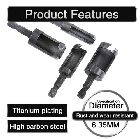 Tough As Nails Wood Plug Cutter Drill Bit Set featuring four slick cutting heads in high carbon steel, each 6.35MM for precise dowel holes.
