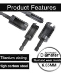 Premium High-Carbon Steel Hex Shank Wood Plug Cutter Set 4 Piece Kit features high carbon steel drill bits with titanium plating.