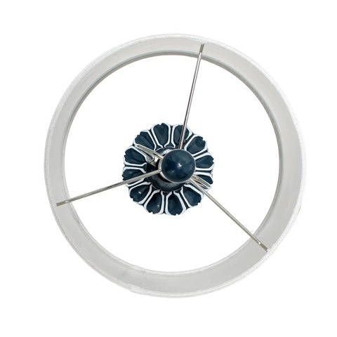 Top view of Blue Ceramic Table Lamp With Handpainted White Pattern, White Fabric Shade, Easy Rotary Socket Switch, 12 Inch Diameter