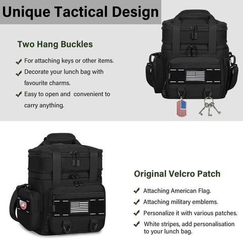 Expandable Tactical Lunch Box 16L Spacious Black Bag with Velcro for Patches and Two Hang Buckles for Accessories