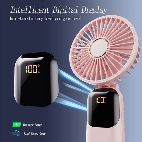 Portable Personal Fan With 4200mAh Battery And Digital Display 5 Speed Settings For Outdoor And Indoor Use shown in pink with display