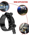 Four Pack 1.5 Inch TBolt Hose Clamps 44 To 50mm Stainless Steel 300 Series Black Bolt Clamp For Secure Hose Connections 1.73 To 1.96 Inch Working Range Suitable For 1.5 Inch Hose ID Durable And Reliable with images showing diverse applications on hoses.