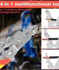 No Sweat Folding Wire Stripper Crimper 14 In 1 Multifunctional Pliers showing stainless steel blades and insulated handles.