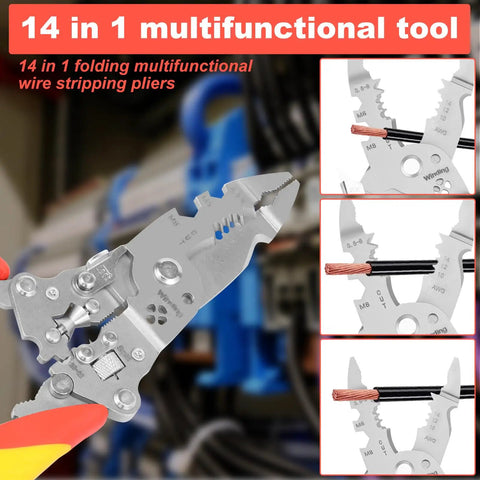 No Sweat Folding Wire Stripper Crimper 14 In 1 Multifunctional Pliers showing stainless steel blades and insulated handles.