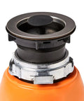 Close-up of Powerful Half HP Garbage Disposal with preinstalled power cord, showing EZ Mount and removable splash guard for easy cleaning.