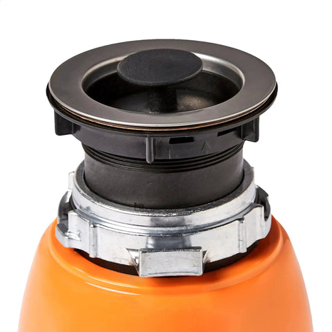 Close-up of Powerful Half HP Garbage Disposal with preinstalled power cord, showing EZ Mount and removable splash guard for easy cleaning.
