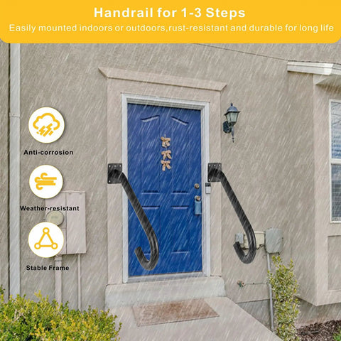 Two Pack Half U Metal Handrails For Outdoor Steps And Indoor Stairs Wall Mount Safety Rail With Hardware Badass Grip For Elderly Rock Solid Build Smooth Install Heavy Duty Stair Support Rig mounted on front porch.