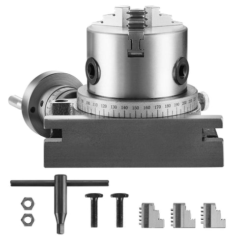 Rotary table for milling machines, 4 in (100 mm) horizontal-vertical with 3-jaw 80 mm chuck and mounting hardware