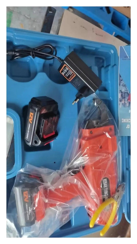 Cordless 12V Lithium Rebar Tying Tool With Adjustable Tie Wire Length from 300 to 500 mm in plastic packaging with charger and battery.