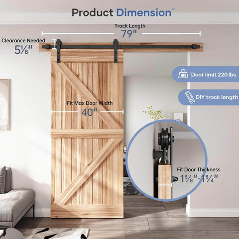 Heavy Duty Sliding Barn Door Hardware Track Kit 6.6 Ft For 36 To 40 Inch Wide Single Door With Straight Pulley And Smooth Quiet Rollers Easy Install Steel Black Powder Coat Built To Last installed on a wooden door.
