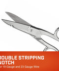 Heavy Duty Five Inch Electrician Scissors With Serrated Bottom Blade And Dual Gauge Stripping Notches For Pro Contractors And Diy Builders Built Tough For Daily Trade Use, featuring double stripping notches.