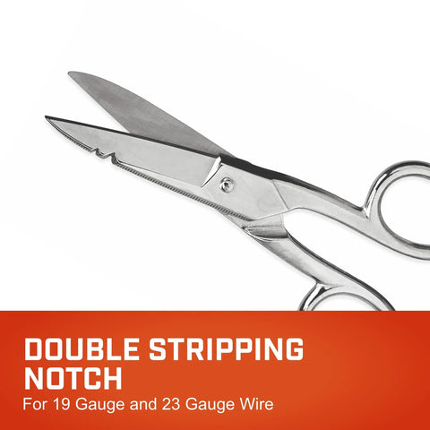 Heavy Duty Five Inch Electrician Scissors With Serrated Bottom Blade And Dual Gauge Stripping Notches For Pro Contractors And Diy Builders Built Tough For Daily Trade Use, featuring double stripping notches.