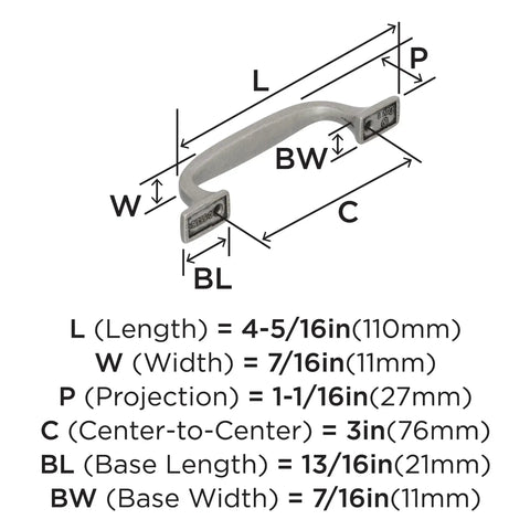 Diagram of Eight Inch Center To Center Appliance Pull Satin Nickel Highland Ridge Drawer Pull with dimensions labeled