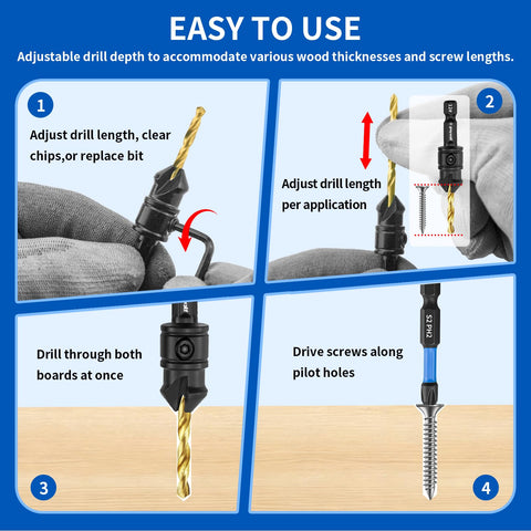 Top Shelf 16 Piece Adjustable Countersink Drill Bit Set Boasts A Hella Smooth Cut 3 In 1 Wood Screw Kit Features An 82 Degree Chamfer Fits 4 Through 12 Mm Sizes And Quick Swap Hex Shanks For Daily Shop Builds, showing adjustable drill depth for various wood thicknesses.