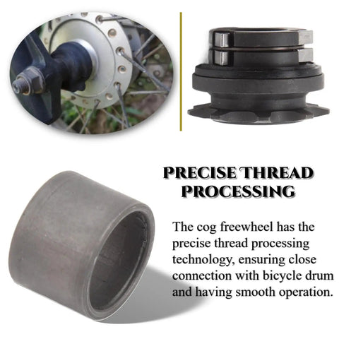 Close-up of 9T 12mm Freewheel showing threads, labeled 'PRECISION THREAD PROCESSING', for Folding Bikes Single Speed Cog Sprocket.