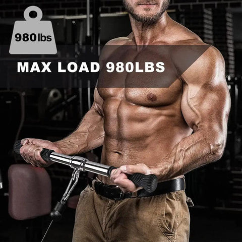 Man using Rotating Straight Bar Attachment for Cable Machines, 18 Inch with 360 Degree Swivel and Non Slip Rubber Handle, max load 980lbs