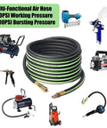 Heavy Duty Three Eighths Inch Air Hose Fifty Feet Thickened Five Layer Design Kink Resistant And All Weather Flexible 450 PSI Hybrid Compressor Hose With One Quarter Inch Brass Quick Coupler And Plug Pro Grade Industrial High Flow shown with various tools.