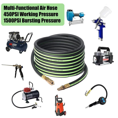 Heavy Duty Three Eighths Inch Air Hose Fifty Feet Thickened Five Layer Design Kink Resistant And All Weather Flexible 450 PSI Hybrid Compressor Hose With One Quarter Inch Brass Quick Coupler And Plug Pro Grade Industrial High Flow shown with various tools.