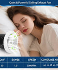 Woman sleeping near 7 Inch Bathroom Exhaust Fan 50 CFM Quiet Vent With 1.0 Sones Low Noise Performance, demonstrating low noise operation.