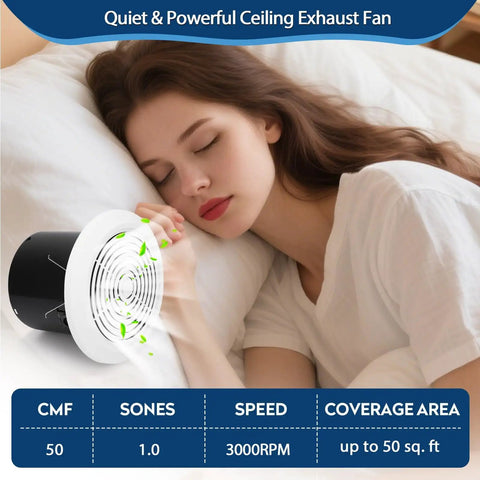 Woman sleeping near 7 Inch Bathroom Exhaust Fan 50 CFM Quiet Vent With 1.0 Sones Low Noise Performance, demonstrating low noise operation.